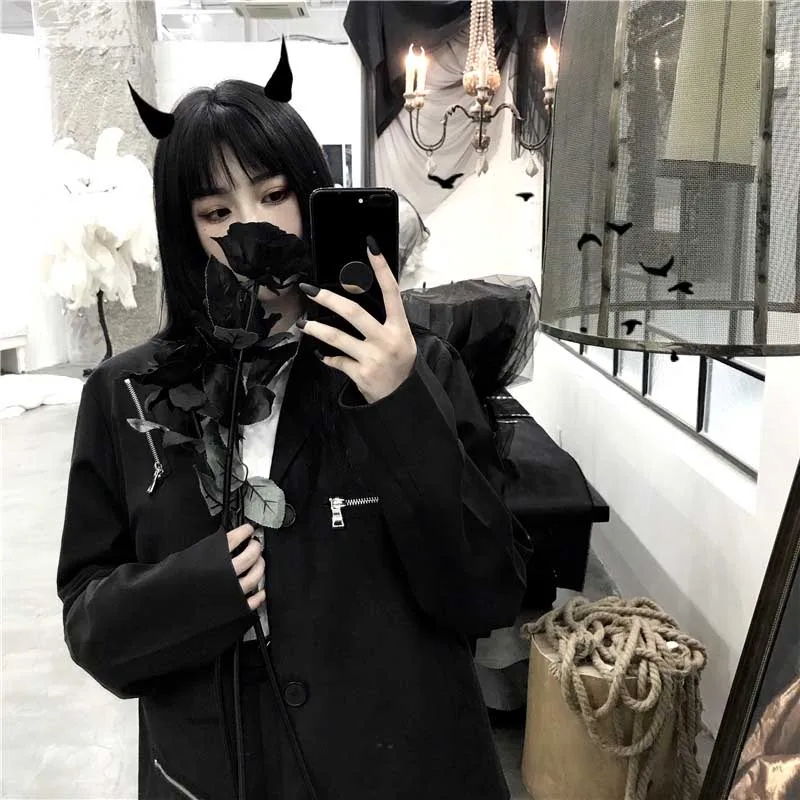 NiceMix Harajuku Готический Женский Повседневный костюм куртка осень длинный рукав однобортный на молнии дизайн черное пальто панк Рок верхняя одежда