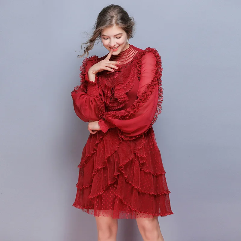 wine red Элегантное красное, белое, черное платье осень зима модный стиль женское Каскадное кружевное лоскутное платье-свитер с длинным рукавом - Цвет: wine red