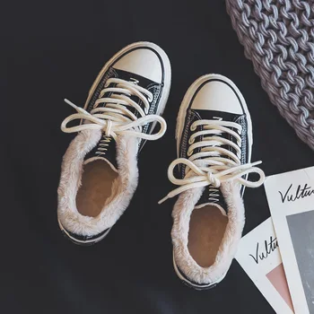 

SWYIVY Winter Sneakers Shoes Women Vevlet Fur Warm Shoes Winter 2019 New Female Casual Shoes Canvas Platform Sneakers Black
