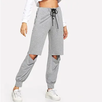

New Fashion Korean Female Sports Fitness Running Strappy Casual Pants With Hole