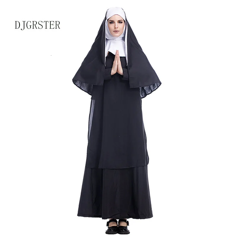 DJGRSTER Virgin Mary Nuns Costumes for Women Arabic Religion Monk Ghost Uniform Halloween Sexy Long Black Nuns Costume Cosplay  (1)