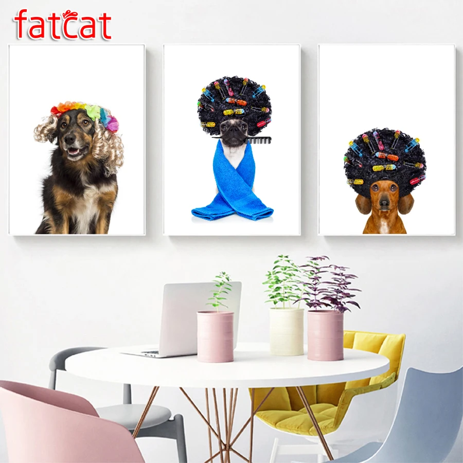 Pug Dog With Hair Rulers Posters and Prints Funny Dachshund or Sausage Dog Border Collie Art Canvas Painting Hairdresser Gift