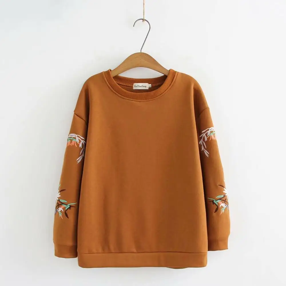 Коричневый Женская свободная толстовка с круглым вырезом и вышивкой, большие размеры, новинка, осенняя Повседневная Женская хлопковая толстовка с капюшоном, куртки, женские топы - Цвет: Коричневый