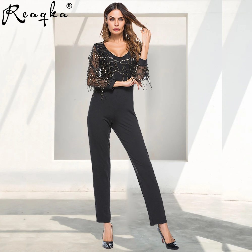 

Sexy Women Catsuit V-neck Sequins Body Rompers Womens Jumpsuit 2018 Summer Mesh Long Sleeves Tassel Playsuit Overalls Bodysuit