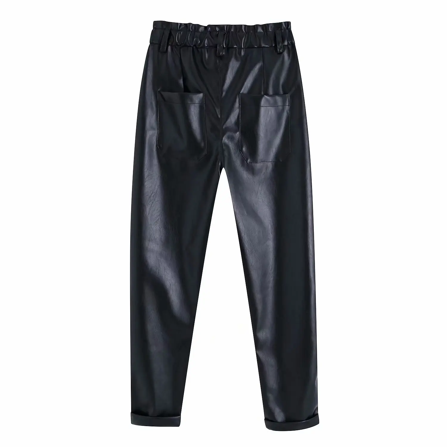 HOUZHOU Pu Leather Pants Women Ankle-Length High Waisted Pants Pockets Loose Solid Harem Pants for Women Streetwear Trousers