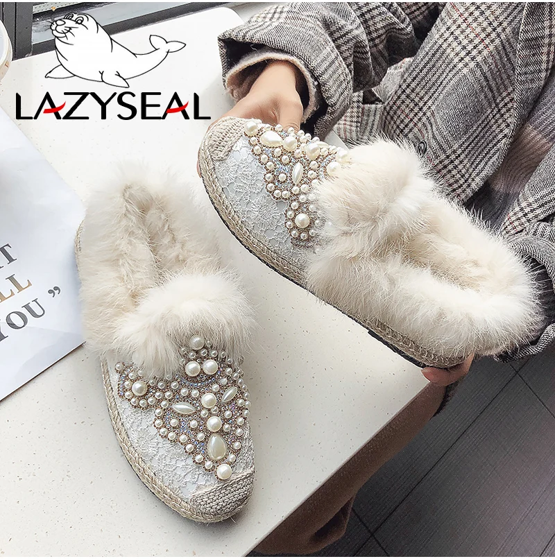 LazySeal/ г. Зимняя женская обувь на натуральном меху женские ботинки с бусинами на плоской подошве