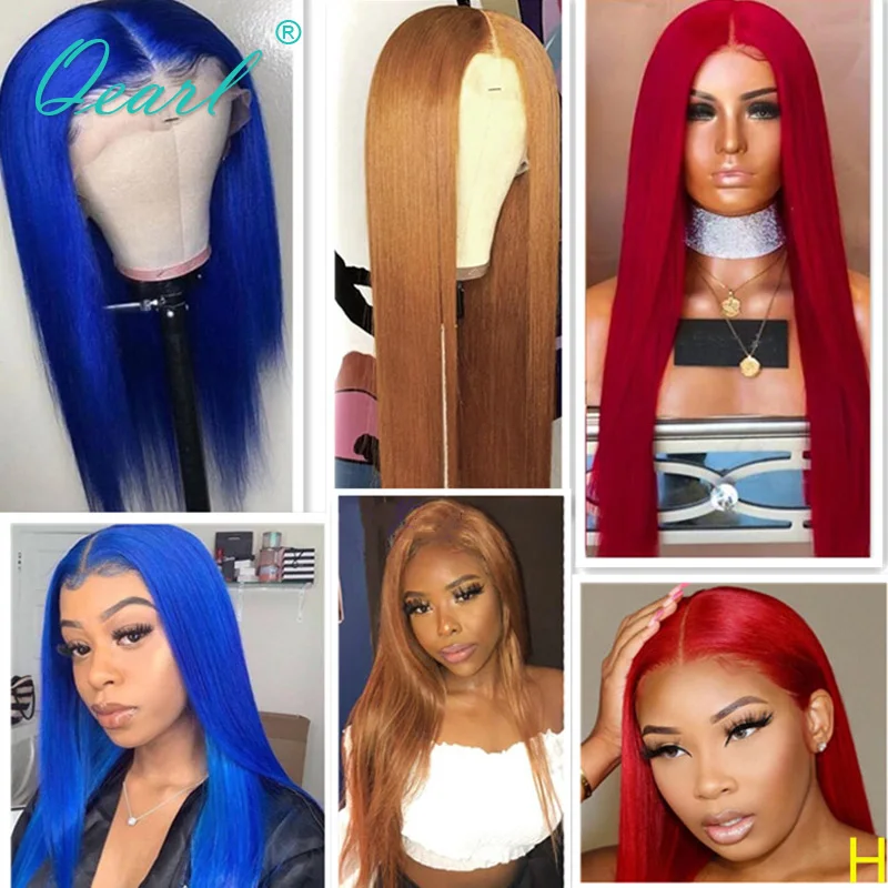 Цветной человеческие волосы парик бразильский Реми Прямые Синтетические на