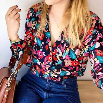 

CAMIA Women's Shirt Chic Floral Print V-neck Long Sleeve Positano Shirt with Button blusas mujer de moda 2019