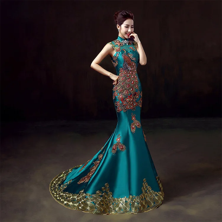 

Green Luxury Embroidery Chinese Evening Dress Long Oriental Style Party Dresses Cheongsam Robe East Asia Style Wedding Cheongsam