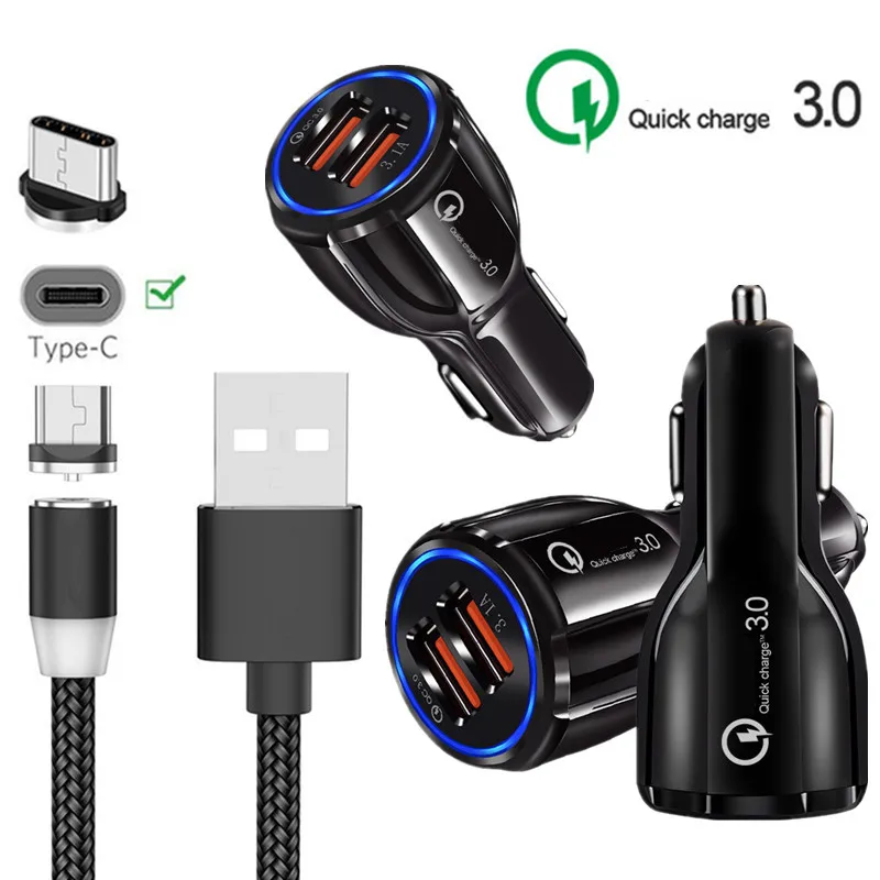 Магнитный кабель типа C QC 3,0 USB быстрое автомобильное зарядное устройство для samsung galaxy Xcover 4S A5 A7 Note 10 Oppo Reno Z Redmi Note 7 8 Pro