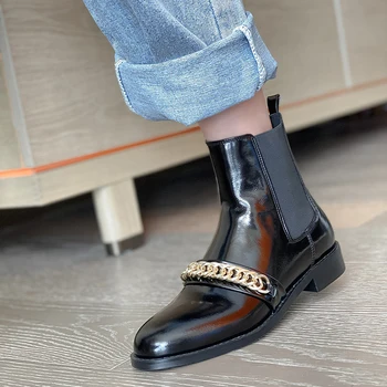 

Sexy chain Decoration Women ankle Boots 2020 Autumn Genuine Leather Thick low Heels boots Fashion Night Club Shoes Woman