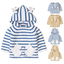 Новинка; свитера в полоску для маленьких девочек; осенние вязаные куртки с капюшоном для новорожденных мальчиков; пуловер с милыми ушками; детская одежда с длинными рукавами