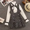 2022 Autumn Winter 2 Piece Set Overalls Dress Women Elegant Ruffles Chiffon Bow Shirt Top+Double Breasted Plaid Tweed Vest Dress ► Photo 1/6