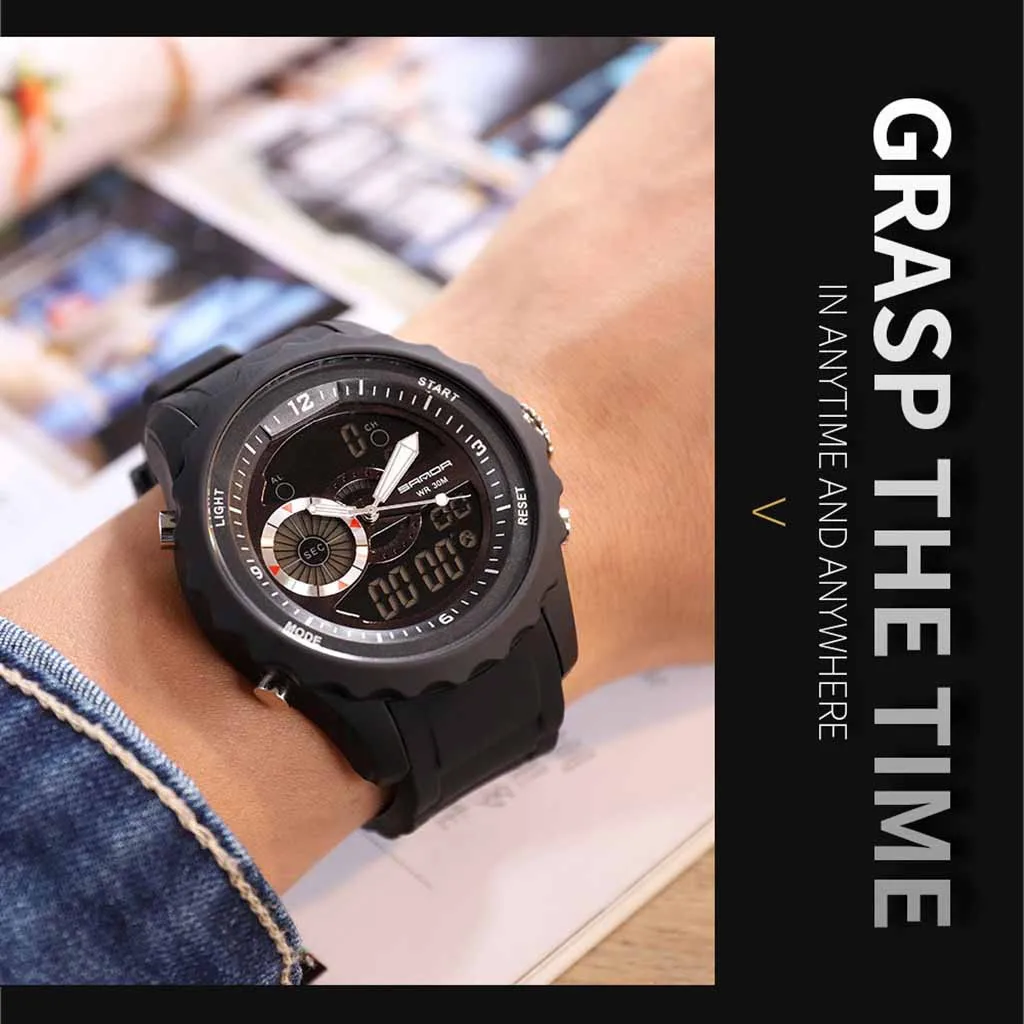 Мужские часы Sanda, мужские классические модные электронные часы, светодиодный спортивный ремень, двойной дисплей, повседневные часы, мужские часы