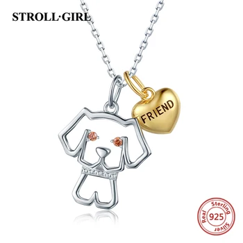 

StrollGirl 925 Sterling silver Cute Dog pendant chain gold heart animal human friend necklace for Women Valentine Jewelry gift