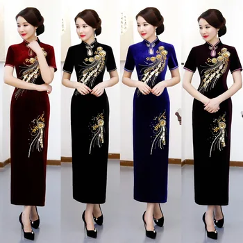 

Fashion Velour Print Floral Handmade Button Silm Qipao Chinese Traditional Women Dress Vintage Lady Sexy Cheongsam Size M-4XL