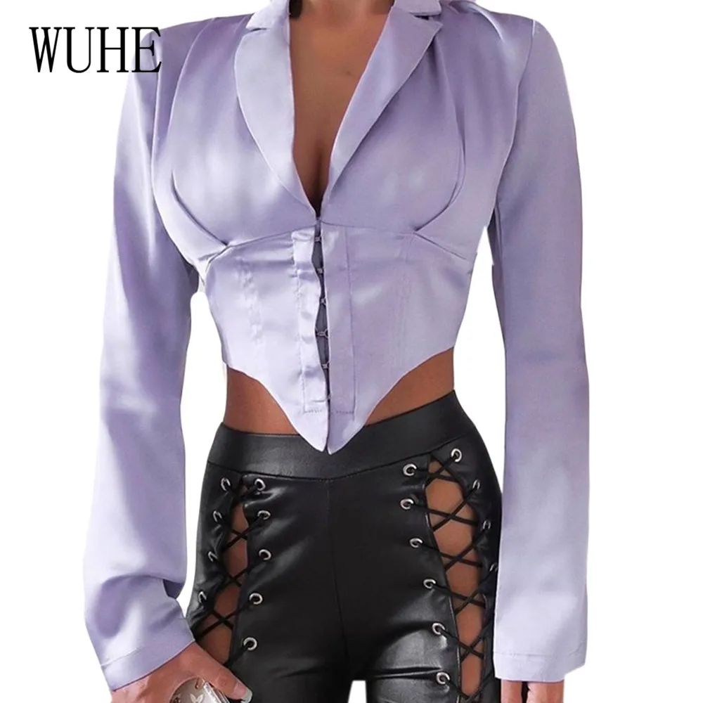 

WUHE Deep V Long Sleeve Double-breasted Cardigan Suit Jacket Women Ladies Casual New Office Work Short Blazer Top Female Blazer