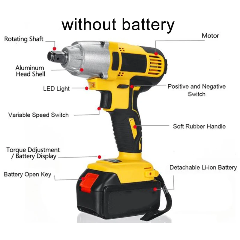 

98VF Electric Wrench 320NM 0-2800 RPM 110-240V Wireless Torque Ratchet Rechargeable LED Light Anti-slip Soft Handle Car Repair..