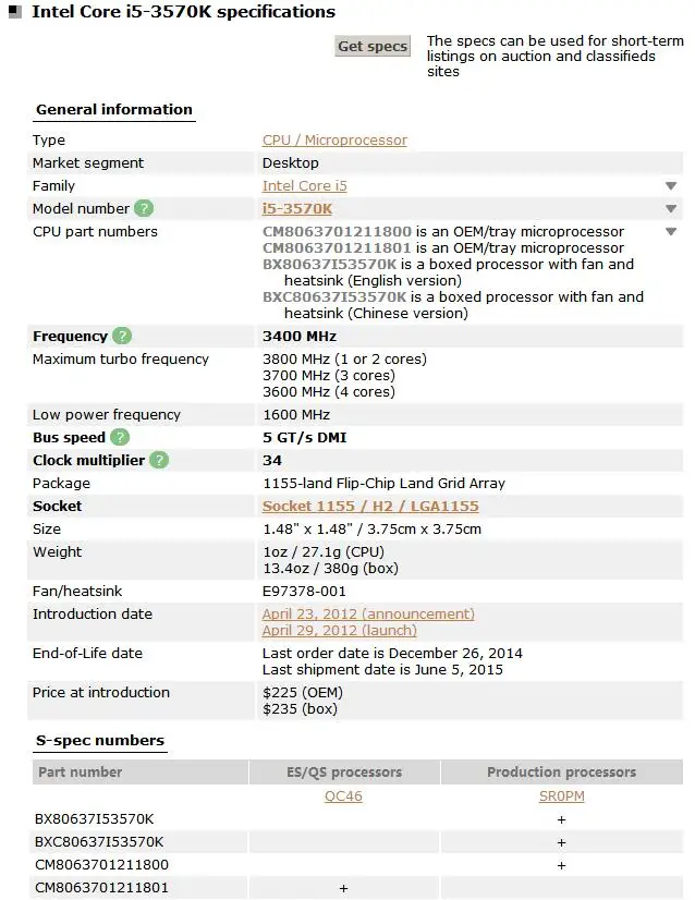 Intel Core i5-3570K i5 3570K 3,4 GHz четырехъядерный процессор 6M 77W LGA 1155 протестированный рабочий