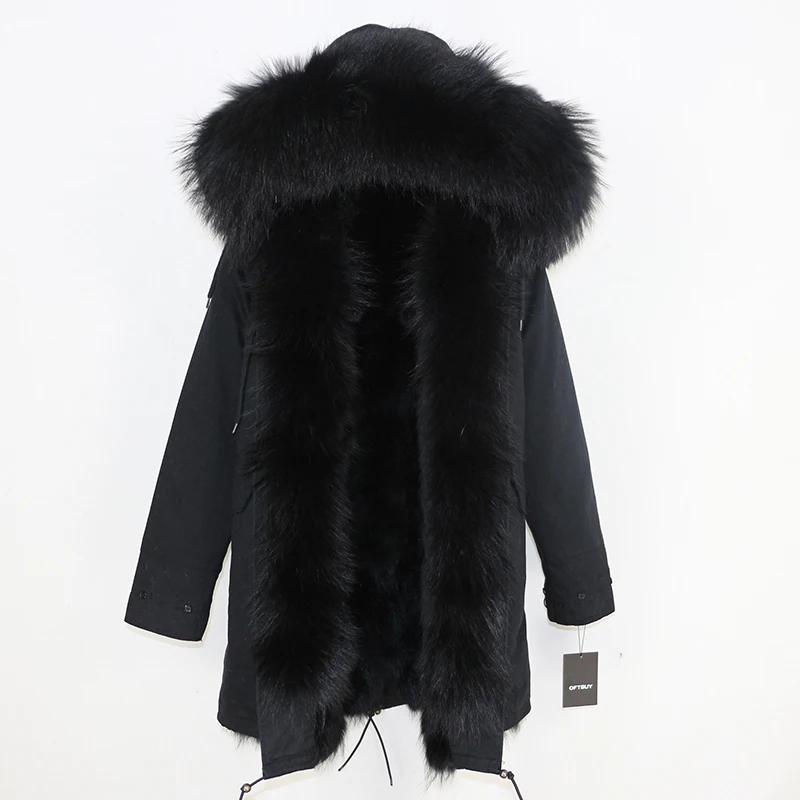 full blackl E Женская парка на натуральном меху OFTBUY, черное пальто с натуральным лисьим мехом, с капюшоном с отделкой из меха енота, толстая теплая уличная одежда, зима - Цвет: full blackl E