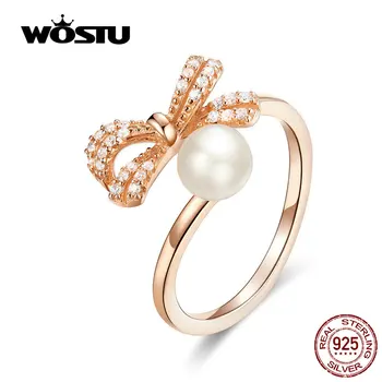 

WOSTU Bowknot Pearl Rings 100% 925 Sterling Silver Rose Gold Zircon Fashion Adjustable Ring For Women Wedding Jewelry CQR552