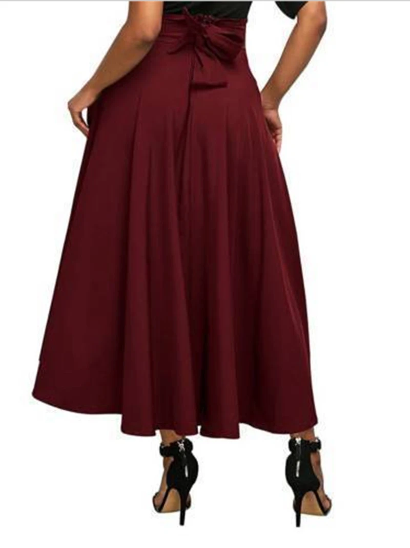Long Skirt Women 2020 Fashion Waist Tie Solid Summer Skirts for Women Elegant Party Pleated Ladies Female A-line Skirts  (6)