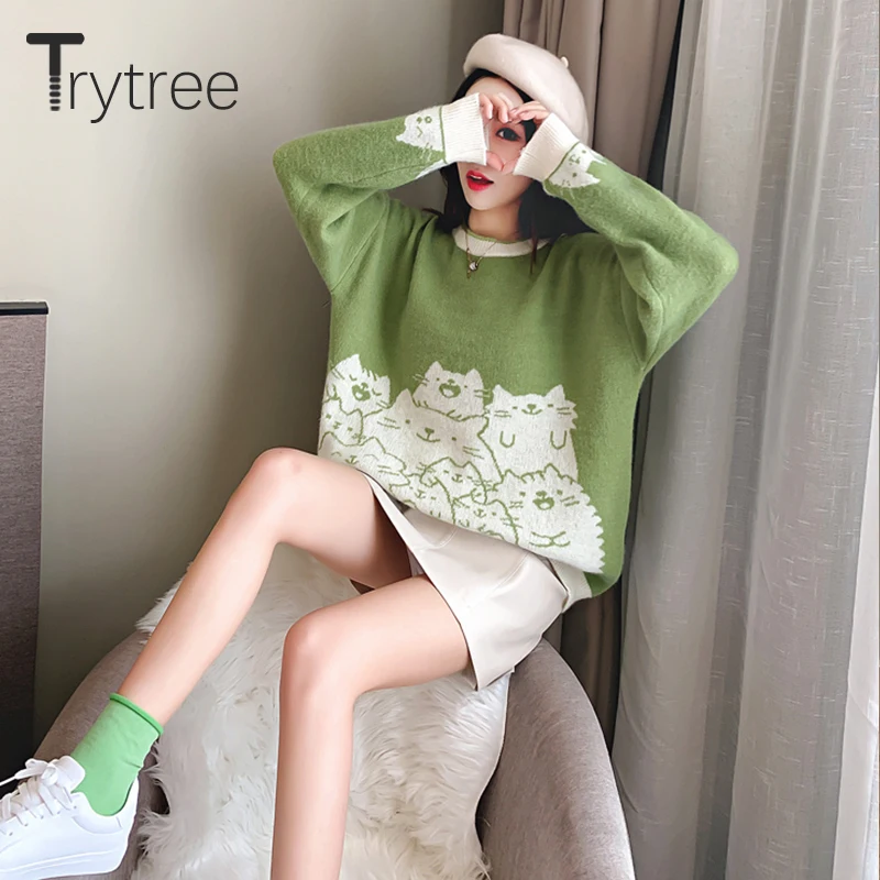 Trytree/Зимний женский Повседневный свитер с круглым вырезом, вязаный пуловер с рисунком, милый модный 2 цвета, компьютерный вязаный свободный свитер