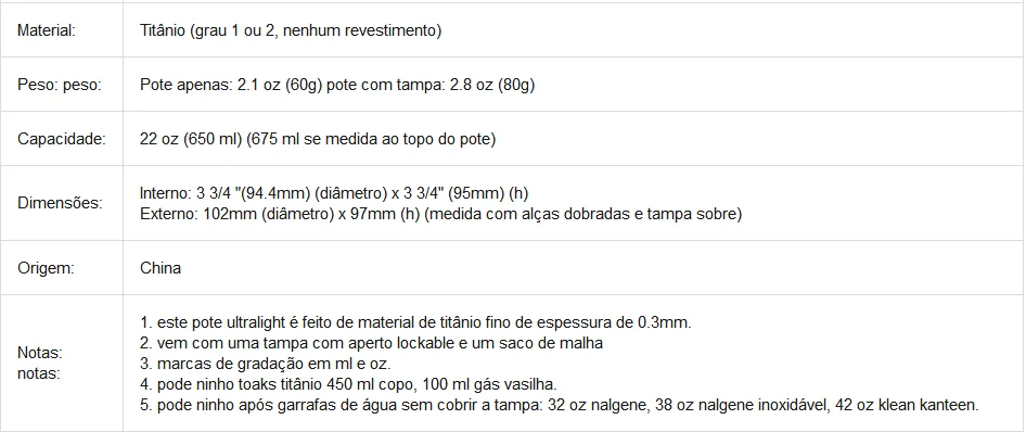 Toaks titânio acampamento pote e copo(375 мл, 450 мл, 550 мл, 650 мл, 700 мл, 750 мл, 800 мл, 900 мл, 1100 мл, мл, мл