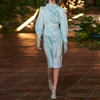 

Runway Womens Skirt Suits Vintage Elegant Polka Dot Print Ruffle Long Sleeve Blouse Shirt A-line Pleated Skirt 2 Two Piece Set