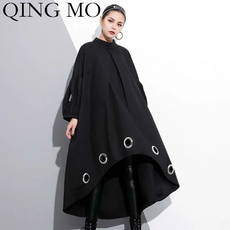 

QING MO Women Black Solid Irregular Dress Women Metal Rings Hollow Out Dress Stand Neck Full Sleeve Dress 2019 Autumn ZQY1351