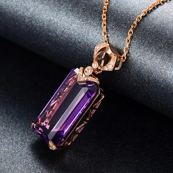 

Rectangle Cut Natural Amethyst Pendant Necklace For Women Rose Gold Color Diamond inlaid Zircon Necklace Female Clavicle Chain