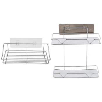 

2 Pcs Bathroom Shelf Organizer Storage Kitchen Rack with Traceless Transparent Adhesive No Drilling Stainless Steel
