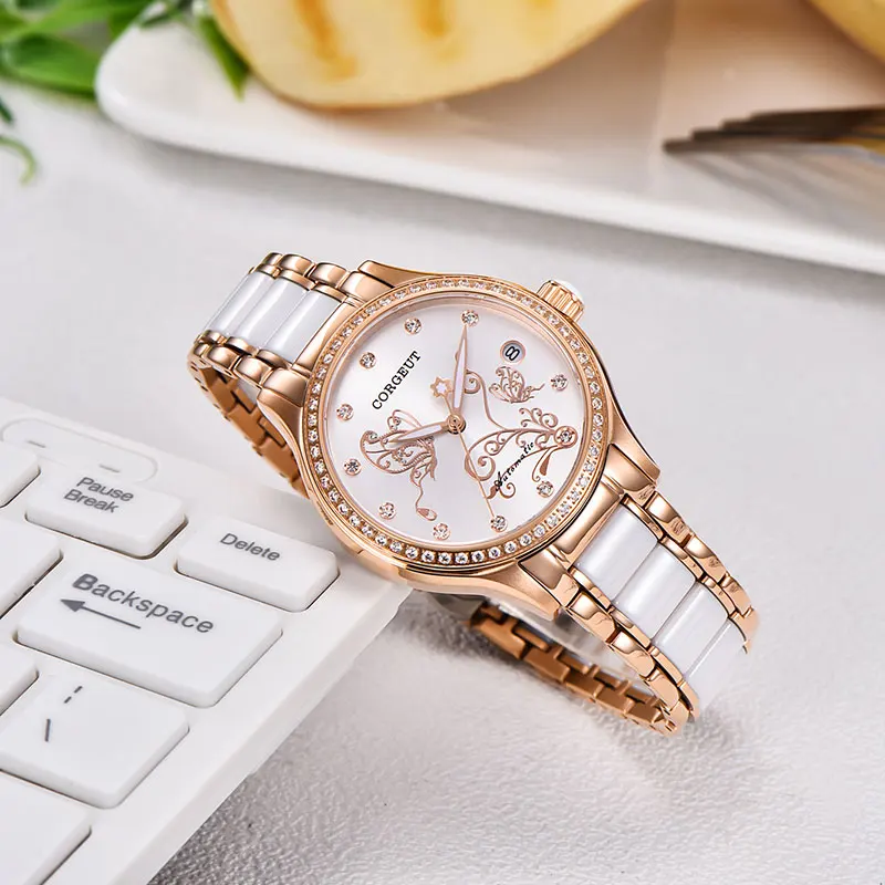 Роскошные брендовые Corgeut женские часы 34 мм цвета розового золота керамические автоматические механические наручные часы Miyota821A