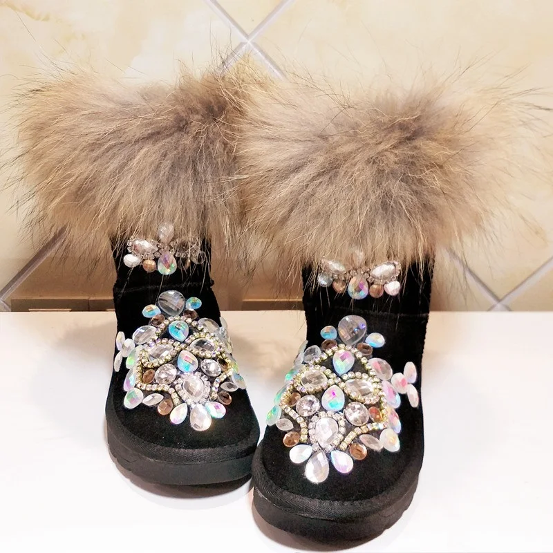 

Black Suede Flat Snow Boots Women's Fluffy Fur Shoes Woman Shiny Rhinestone Embellished Winter Boots Thicken Plush Shoes Botas