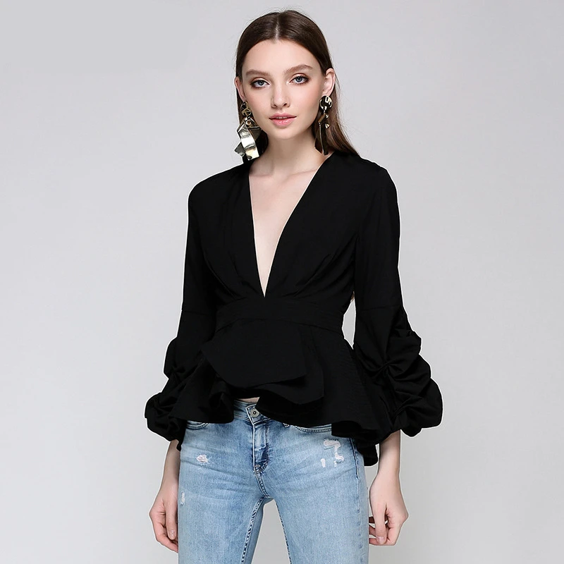 Сексуальная рубашка гофрированная блузка женская тонкая Бишоп рукав лето сплошной цвет v-образный вырез 9 рукав цвет черный белый и небесно-голубой