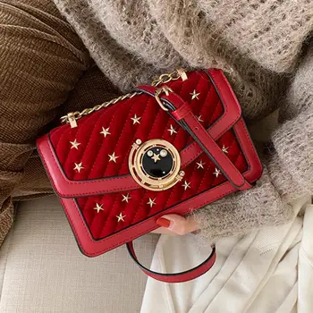

Elegant Female Flap Square bag 2019 Fashion New High Quality Velvet Women's Designer Handbag Lock Chain Shoulder Messenger Bag