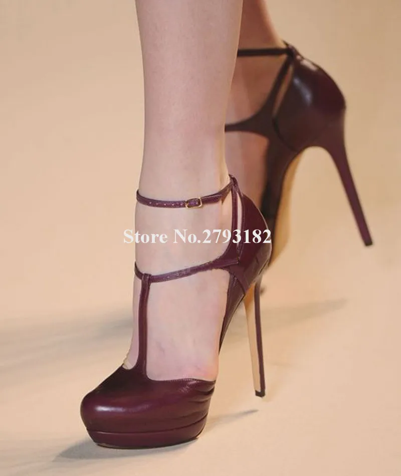 

Women Fashoin Round Toe Wine Red Matte Leather High Heel Pumps T-Strap Stiletto Heel Burgundy High Heels Big Size Wedding Heels