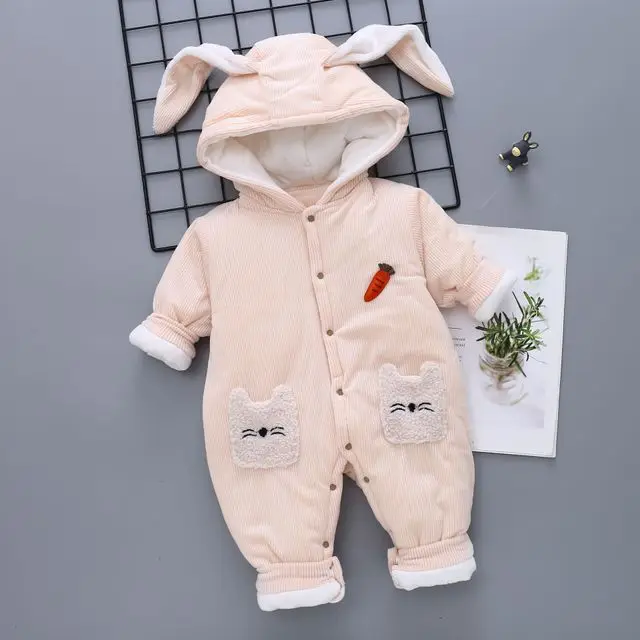 Rabbit Beige Коллекция года, детские комбинезоны с капюшоном для новорожденных, осенне-зимняя плотная верхняя одежда для маленьких мальчиков и девочек Весенняя хлопковая одежда с длинными рукавами для детей от 0 до 12 месяцев - Цвет: Rabbit Beige