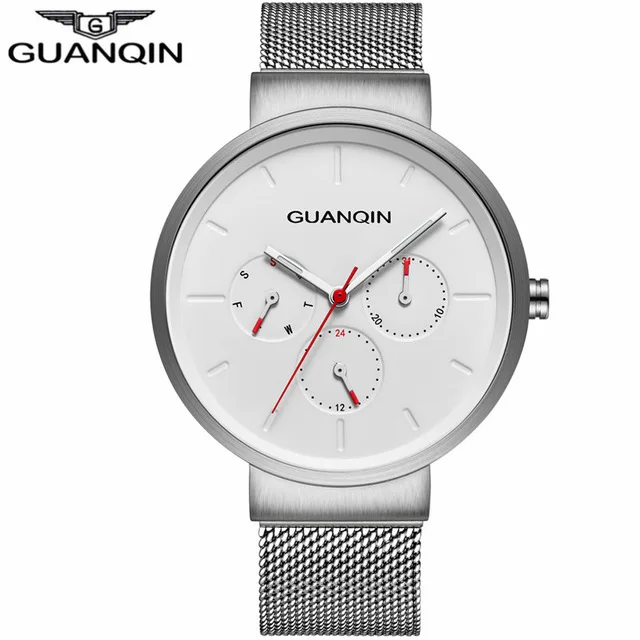 Silver White Steel Оригинальные мужские часы GUANQIN GS19103 Лидирующий бренд, мужские кварцевые часы с сетчатым ремешком, водонепроницаемые военные часы Kol Saati, Прямая поставка - Цвет: Silver White Steel