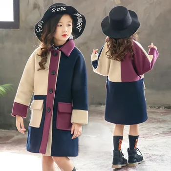 

Keelorn Girls Coat 2020 Autumn Winter Woolen Trench Coat Patchwork Fashion Outwear Simple Style Warm Clothing 4-13 Years Old