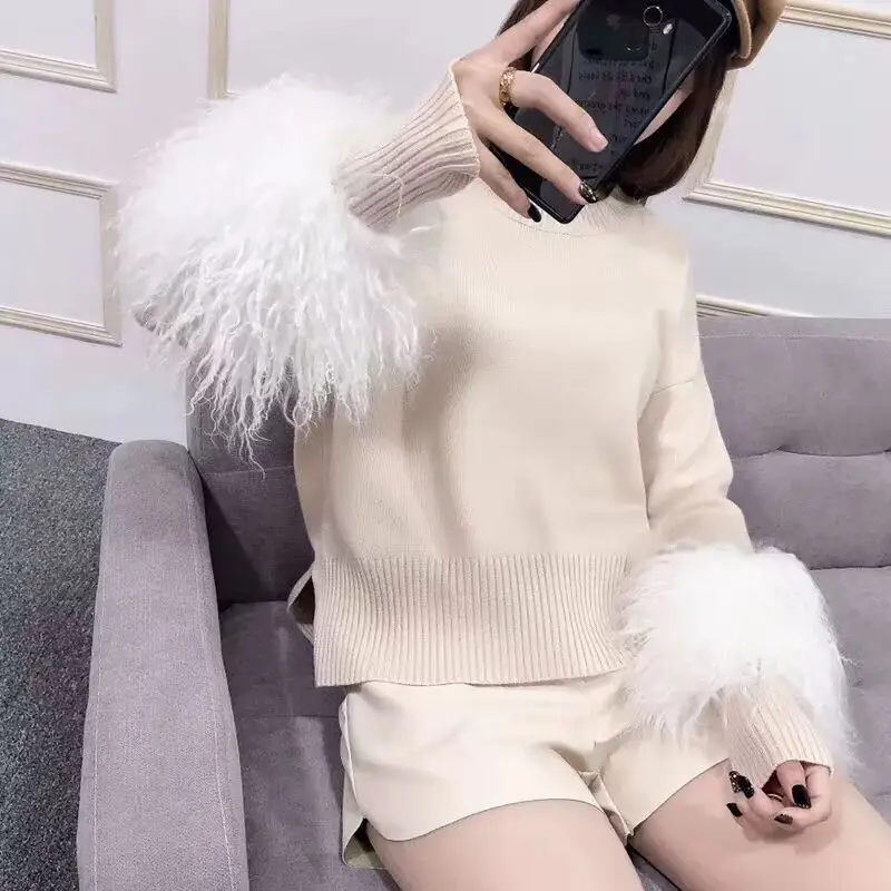 WHITNEY WANG осень зима мода уличная натуральный мех лоскутное свитер женский джемпер sueter mujer invierno