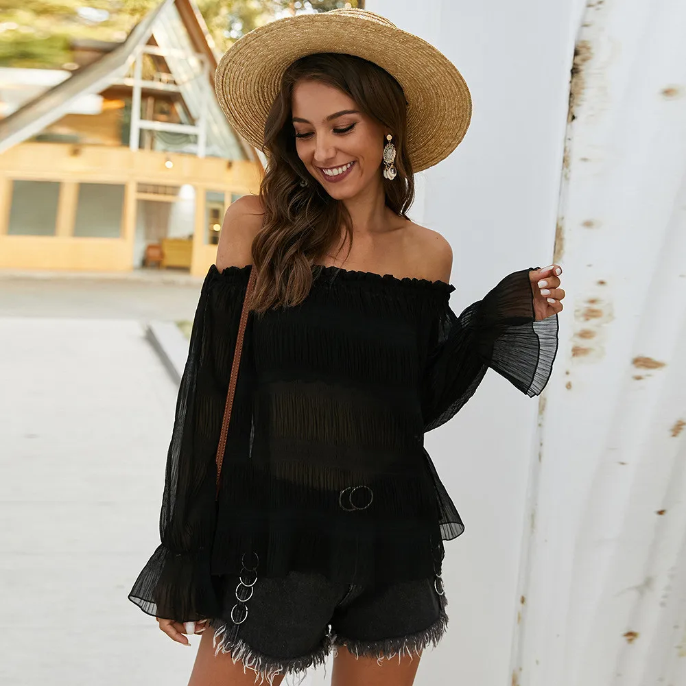 

Black Off The Shoulder Shirt Women 2021 Mesh Sheer Full Sleeve Slash Neck Ladies Spring Summer Sexy Streetwear Tops And Blouses