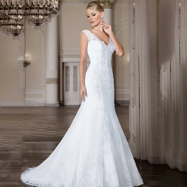 

Sexy Mermaid V Neck Cap Sleeve Button Back Wedding Dress 2019 Lace Embroidery Vintage Vestido De Noiva mariage wedding-dress