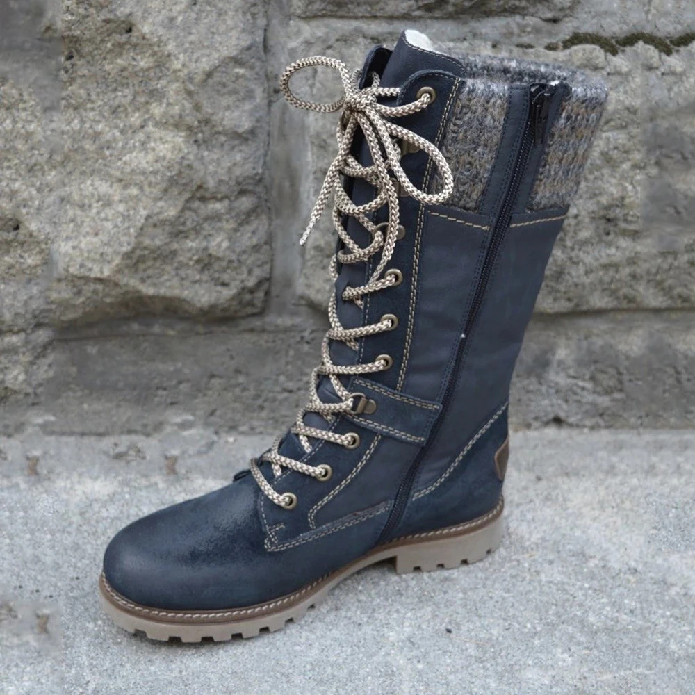 Puimentiua Winter Shoes Women Boots Basic Mid-Calf Boots Round Toe Zip Platform Decor Female Shoes Warm Lace Up Boots Shoes