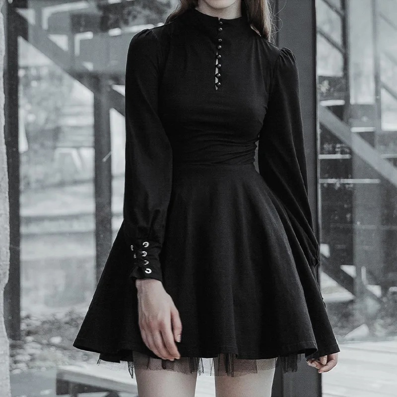 

NCLAGEN Women Gothic Black A Line Pleated Dress Buttons Long Sleeve Lace Up Empire Waist Punk Vintage Party Club Mini Vestidos