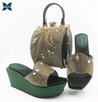 

2020 Newest Italian design Matching Women Shoe and Bags Set Decorated with Rhinestone African Shoe and Bag Set for D.Green Color