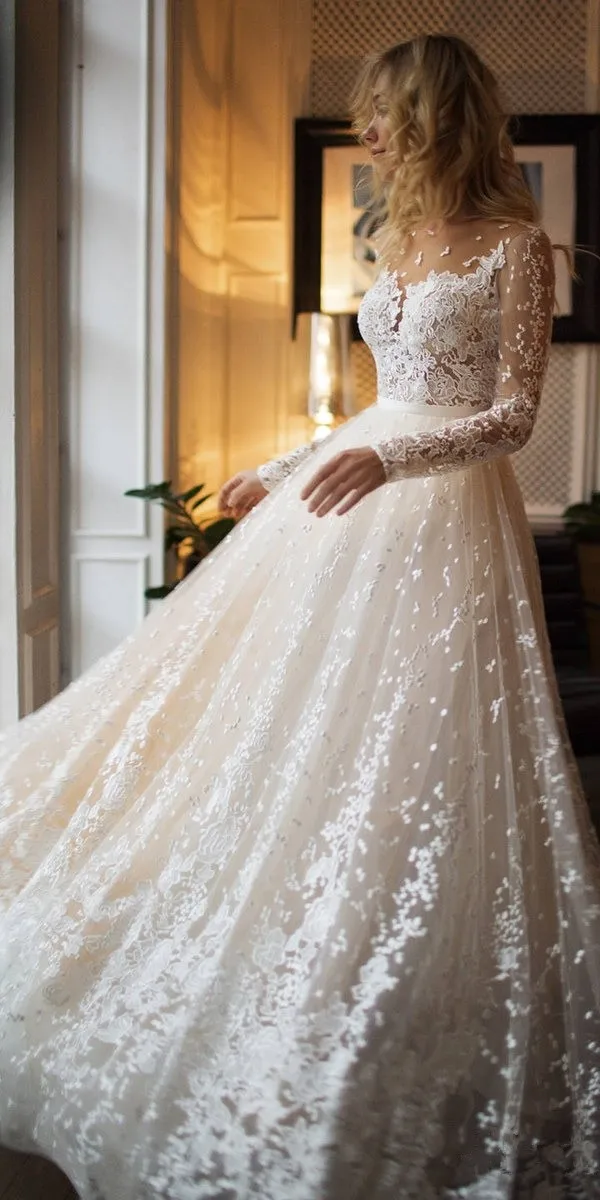 Vestido De Noiva свадебное платье Тюль Аппликации с длинным рукавом свадебные платья с глубоким вырезом на спине
