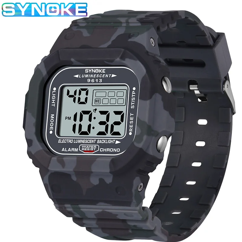 

SYNOKE Men Outdoor Sports Digital Watches Life Waterproof Camouflage Watches Alarm Clock Week Display Military Repeater Watch