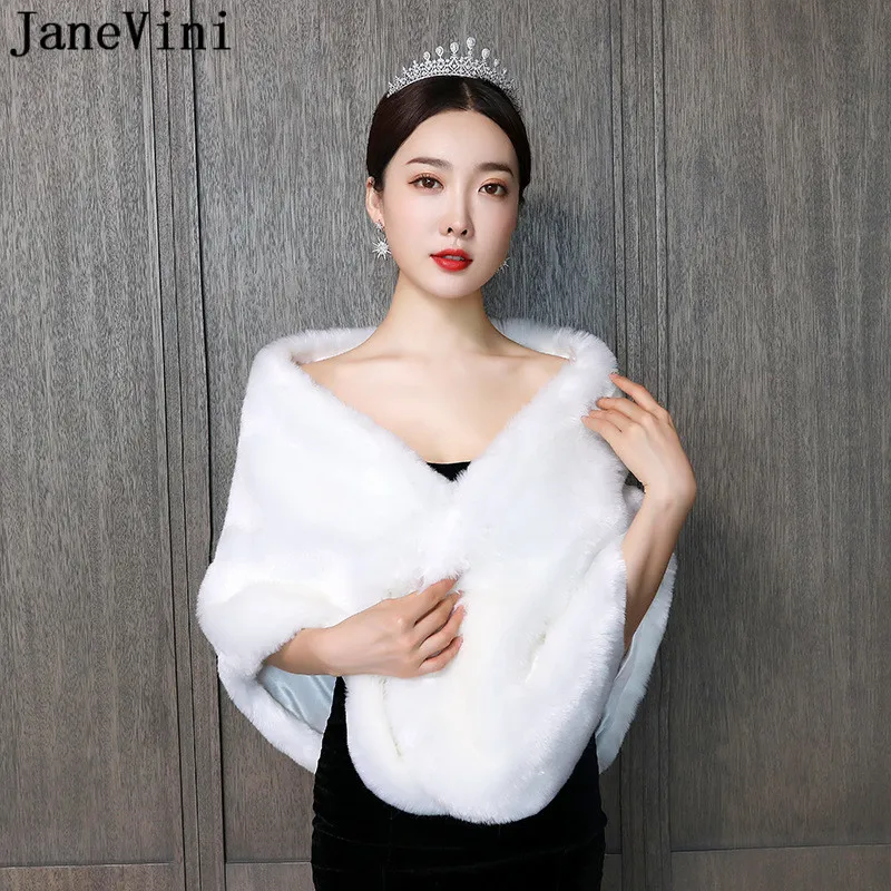 JaneVini White Wedding Coat Bride Faux Fur Shawl Wrap Winter Bridal Jacket Bolero Mariage Women Red Cape Black Formal Stole 2021