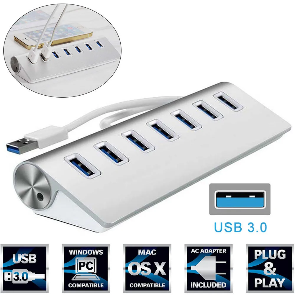 

7 Port Aluminum Multi USB 3.0 HUB High Speed USB Splitter Card Reader 5Gbps For PC Laptop Mac iMac MacBook Pro